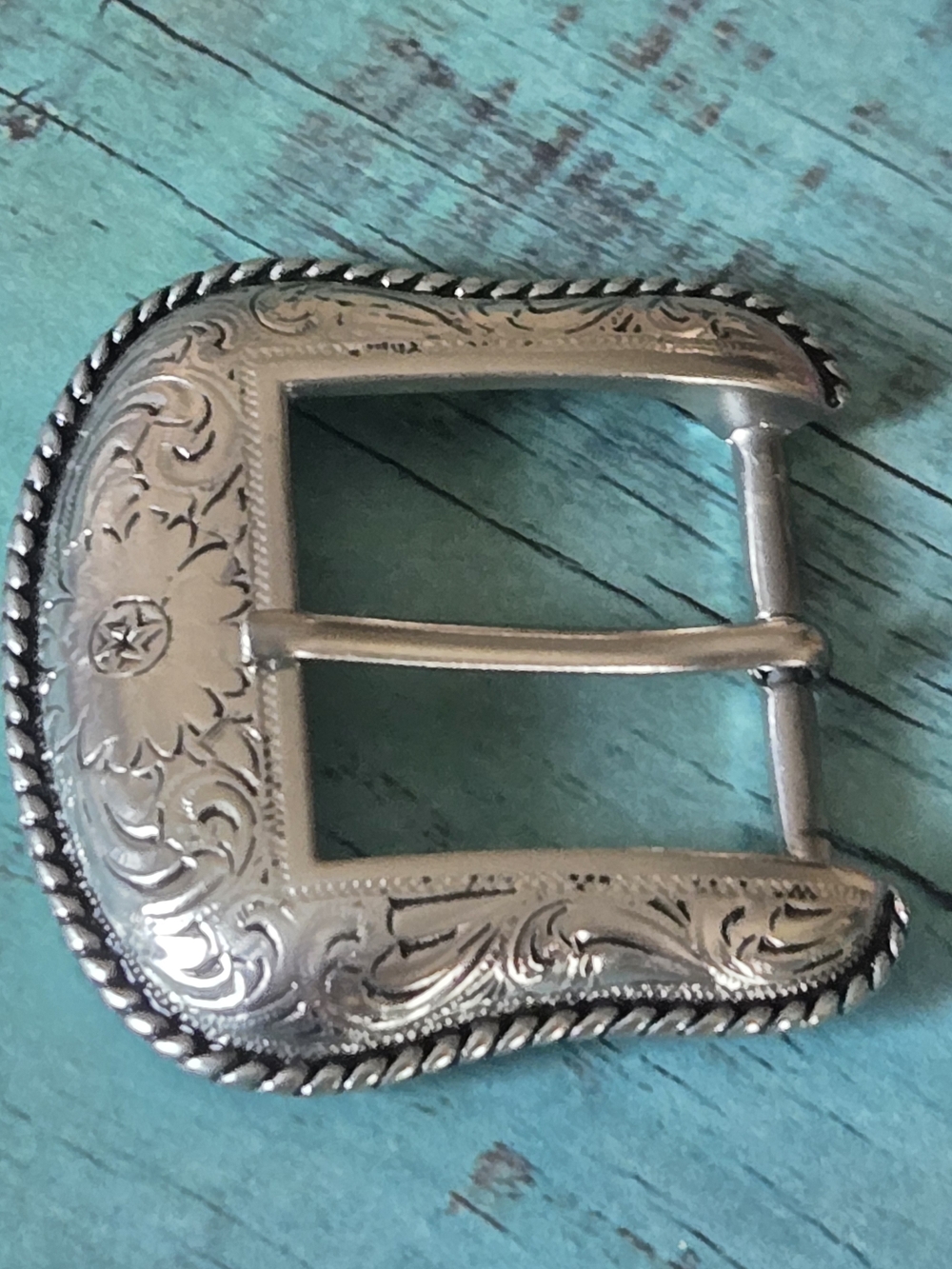 Western Antique Silver Ranger Star Rope Edged Floral Engraved Belt Buckle